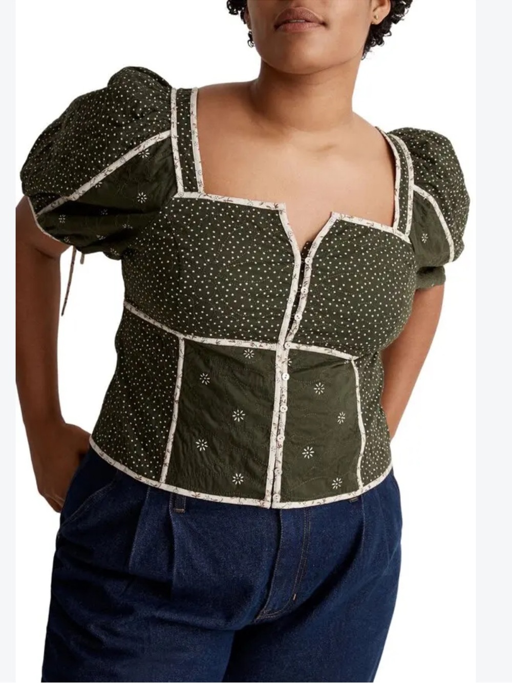 Madewell Olive Green Puff Sleeve Square Neck Peasant Top